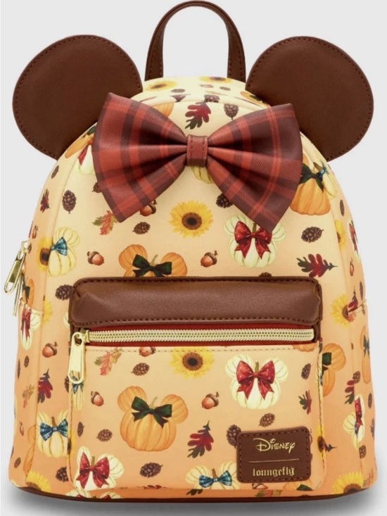 Loungefly Handbags - Loungefly Disney Pumpkin & Bow Print Mini Backpack With Brown Minnie Ears. NEW